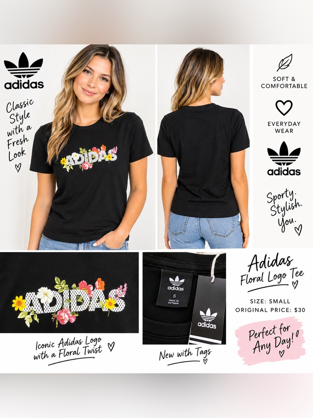Adidas Women’s Black Floral Logo T-Shirt Size Small NWT Short Sleeve
